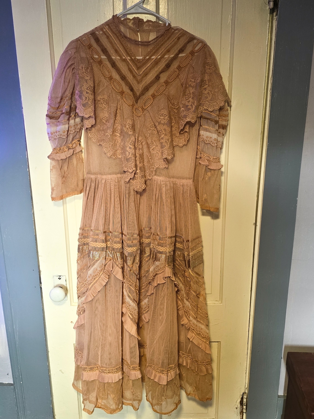 Vintage Sheer Lace Tiered Maxi Dress in Dusty Rose
